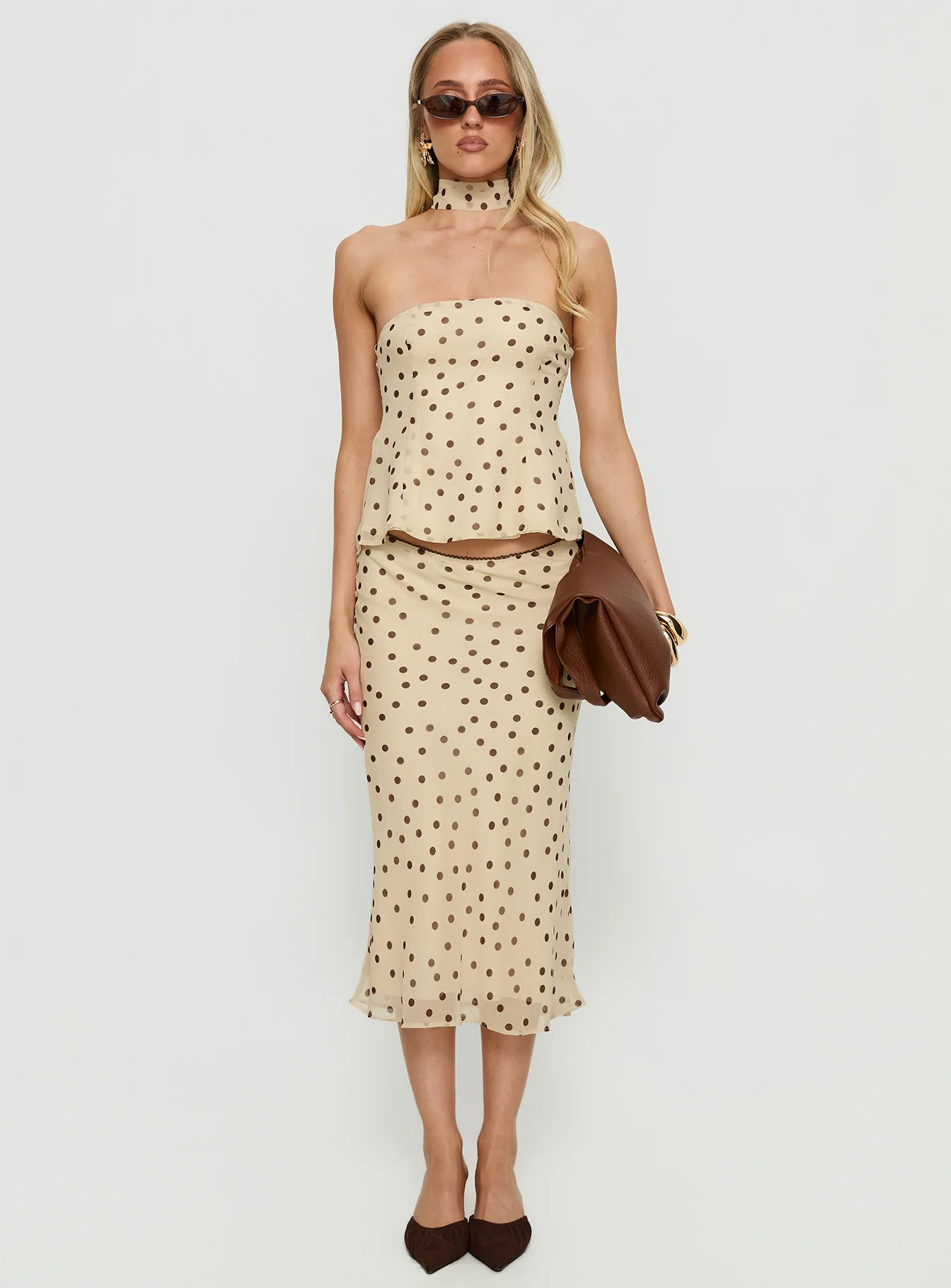 Sydni scarf detail strapless top Yellow / Chocolate Polka Dot - Image 7