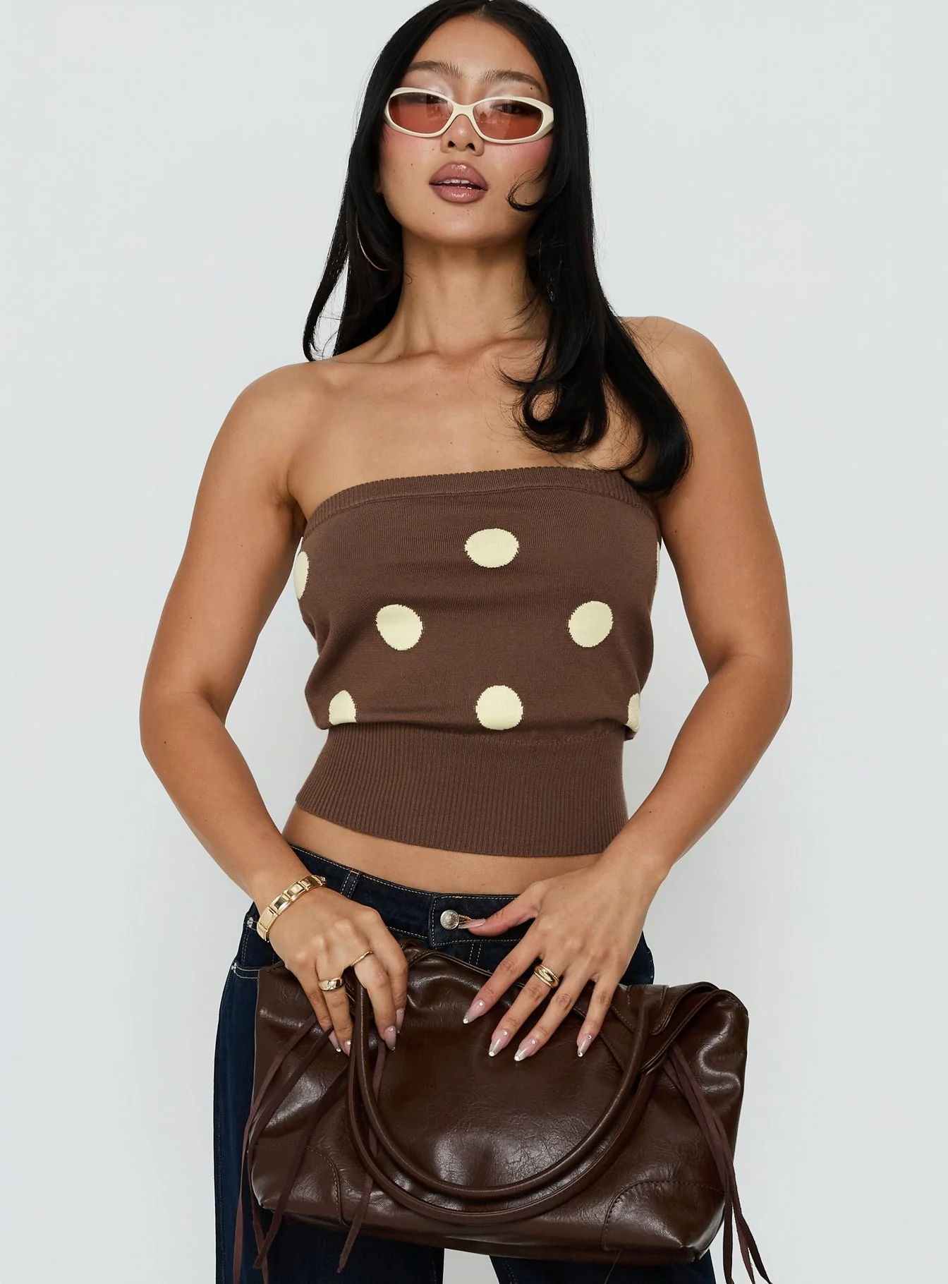 Tahlie Cinched Strapless Knit Top Brown Polka Dot - Image 2
