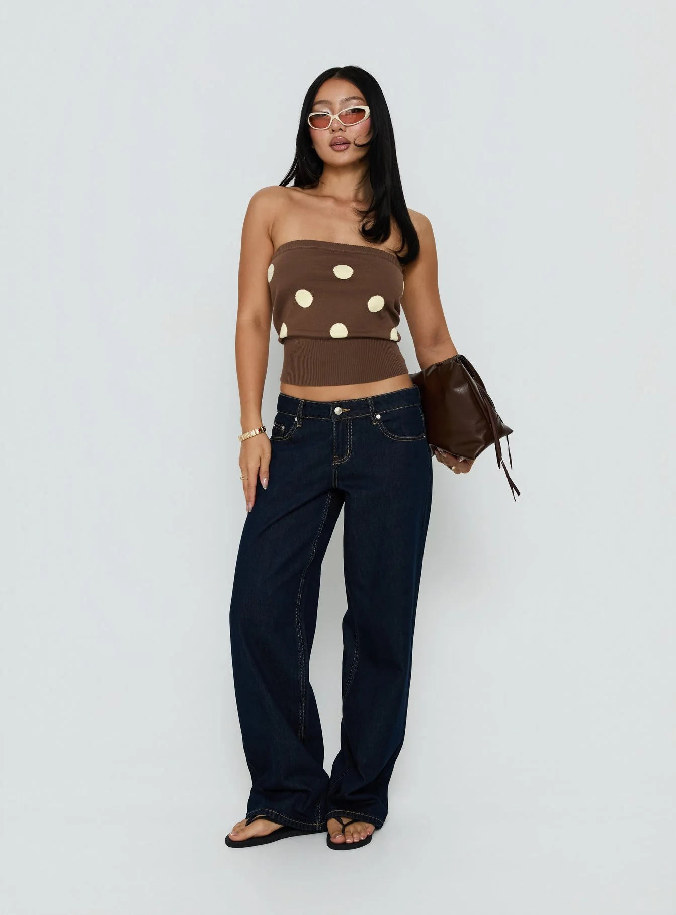 Tahlie Cinched Strapless Knit Top Brown Polka Dot - Image 3