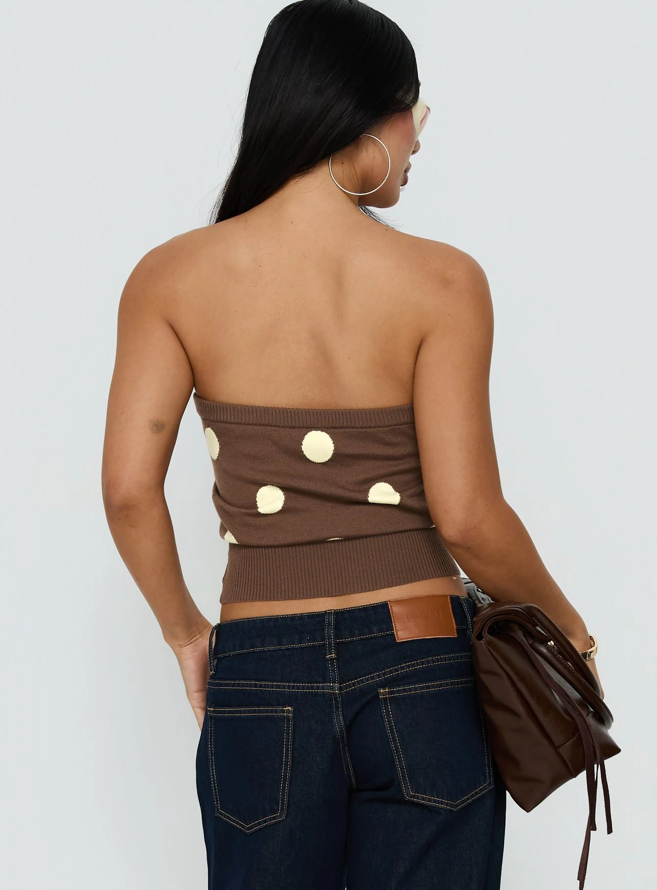 Tahlie Cinched Strapless Knit Top Brown Polka Dot - Image 5