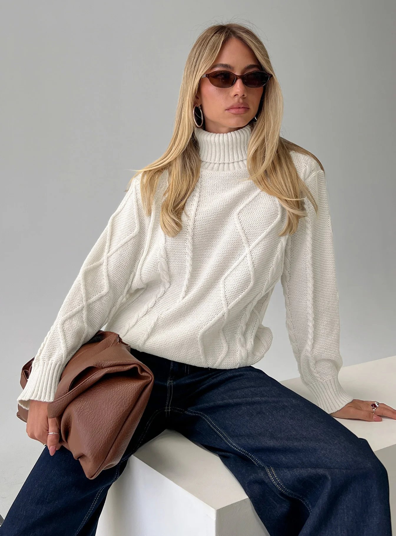 Tarynne Cable Knit Turtle Neck Sweater Beige - Image 8