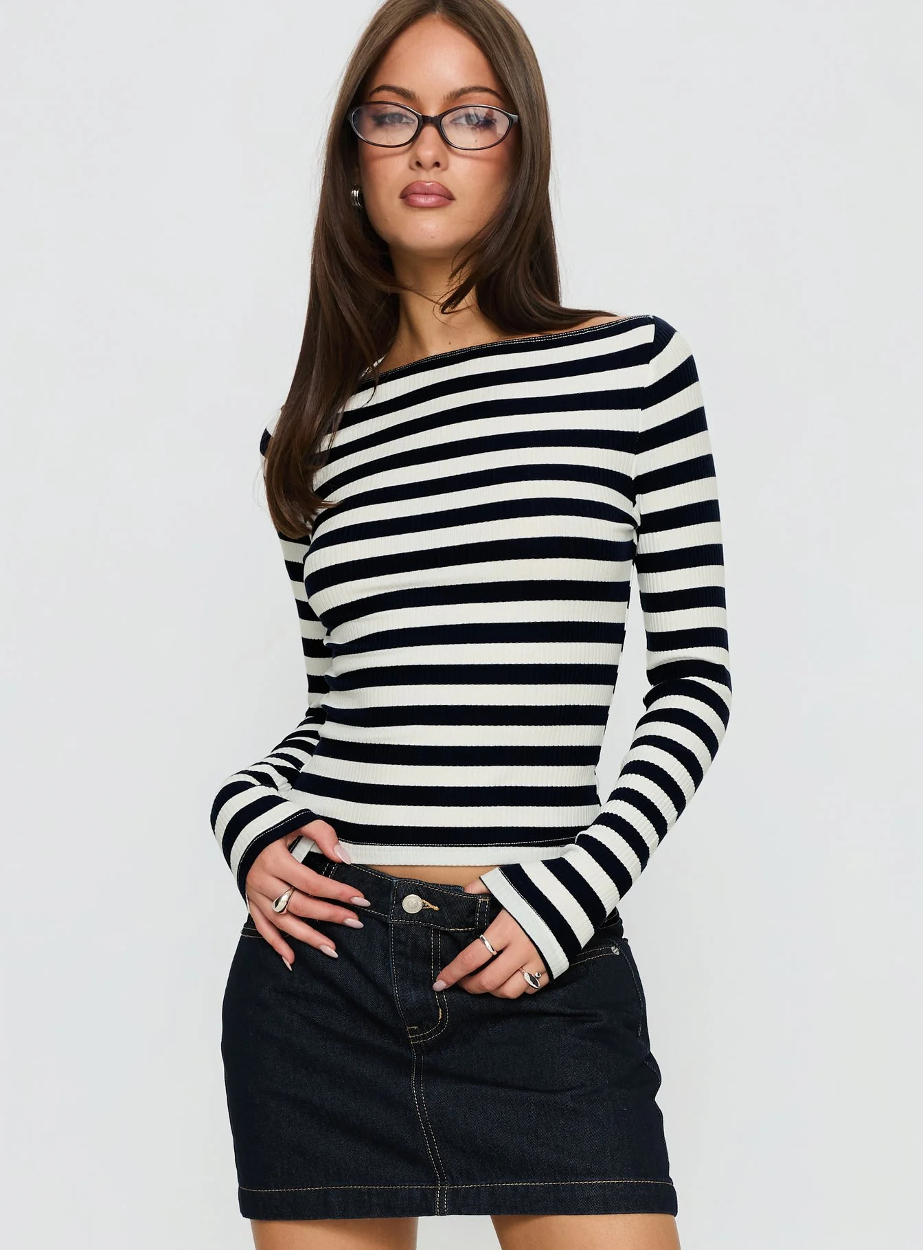 Tashana Long Sleeve Boat Neck Top Navy Stripe - Image 2