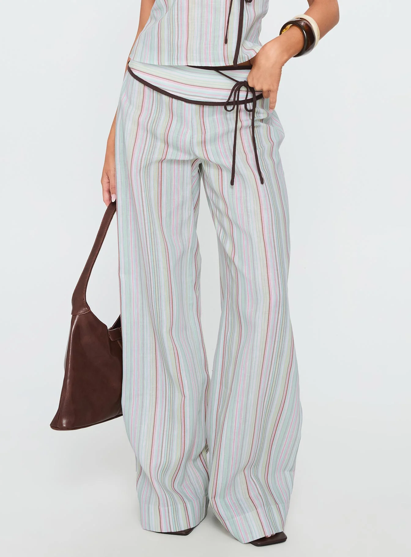 Taylar Thick Waistband Tie Pants Green Stripe - Image 2