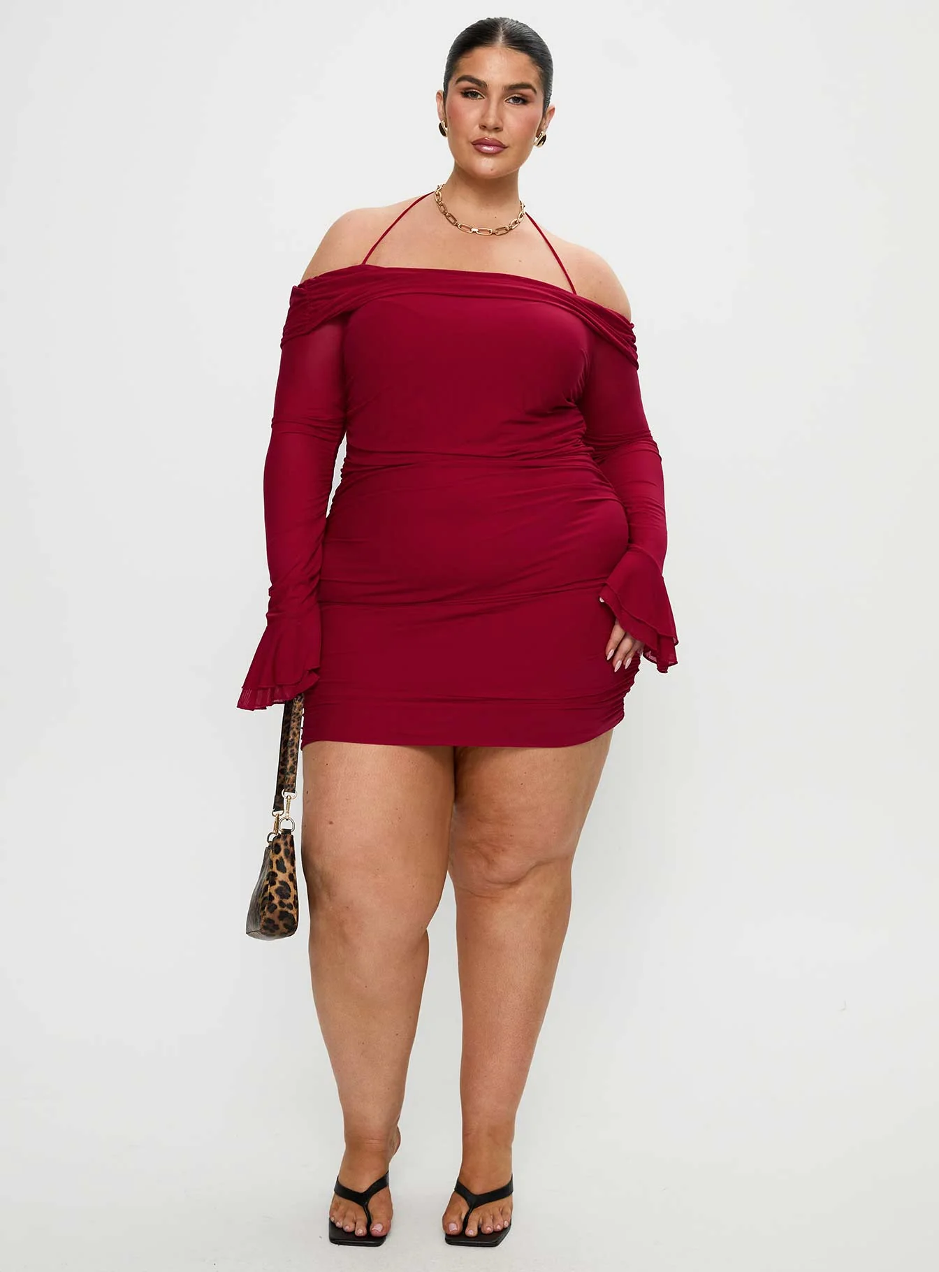 Taylon Off Shoulder Long Sleeve Mini Dress Red Curve - Image 3
