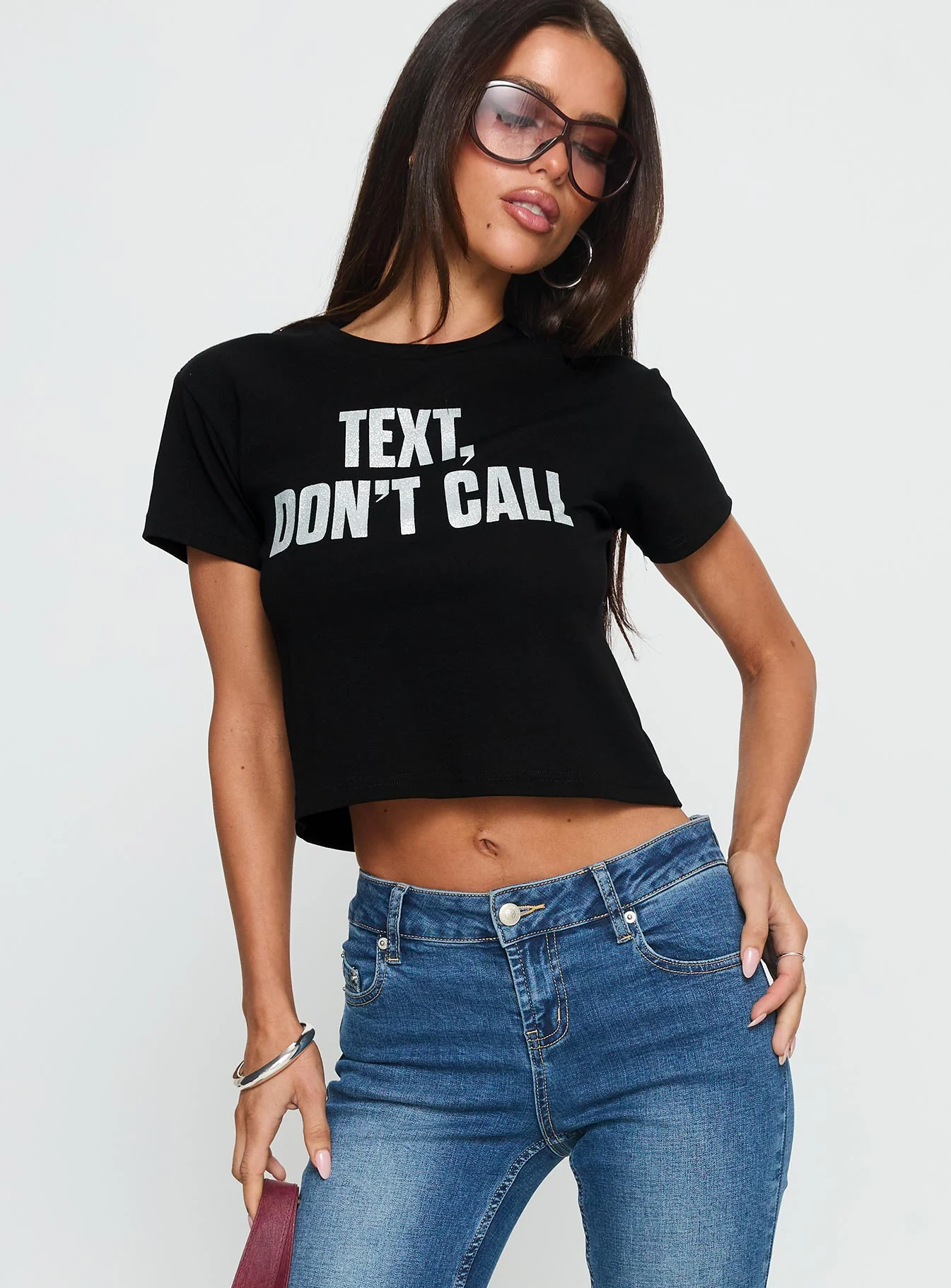 Text, Don't Call Shimmer Graphic Top Black - Image 2