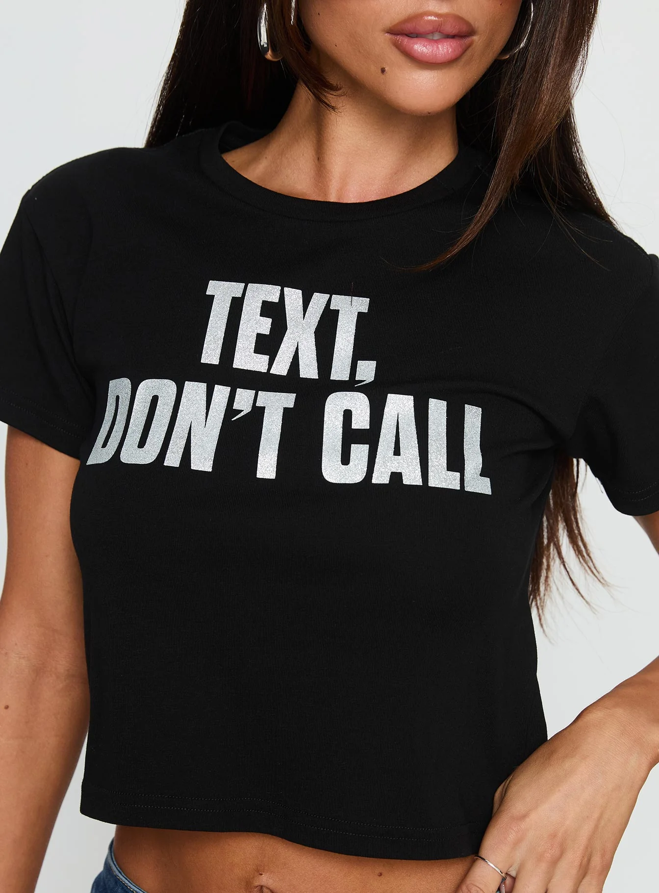 Text, Don't Call Shimmer Graphic Top Black - Image 6