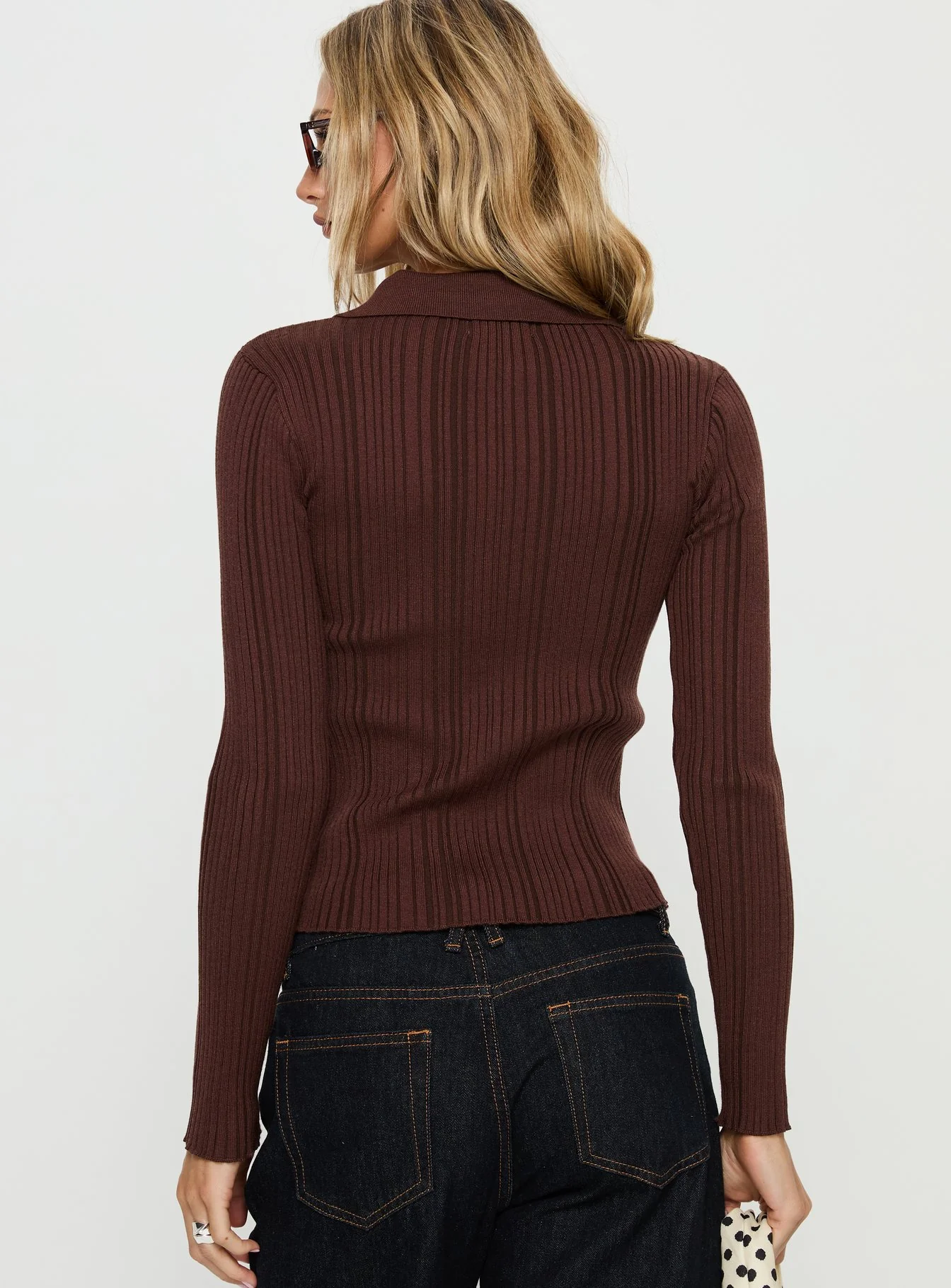 Tiaira Textured Zip Through Collared Long Sleeve Top Brown - Image 4