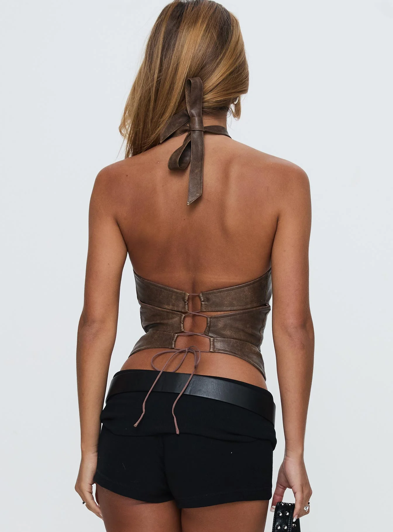 Treat You Better Ring Detail Faux Leather Top Brown - Image 5