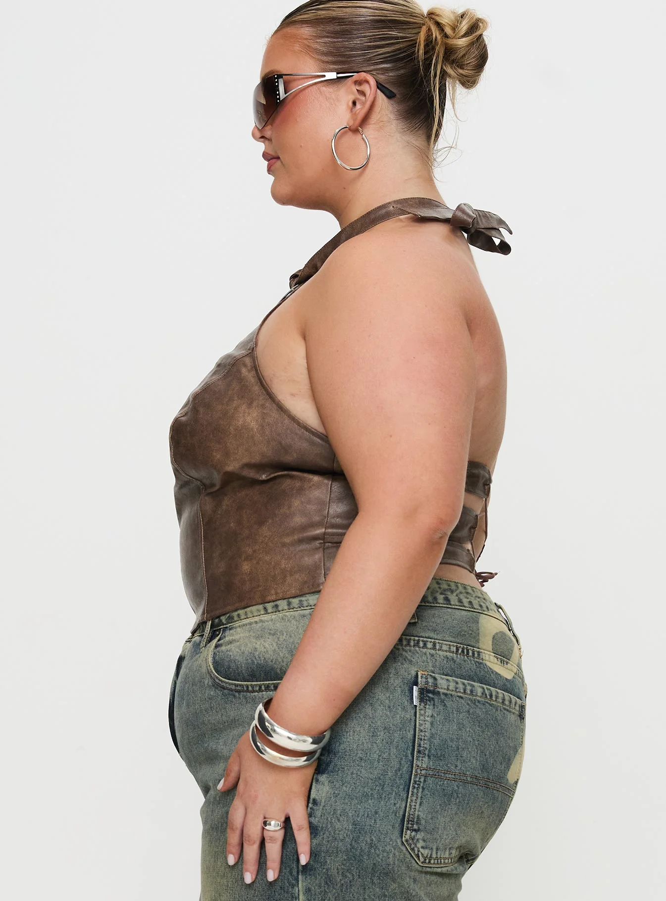 Treat You Better Ring Detail Faux Leather Top Brown Curve - Image 4