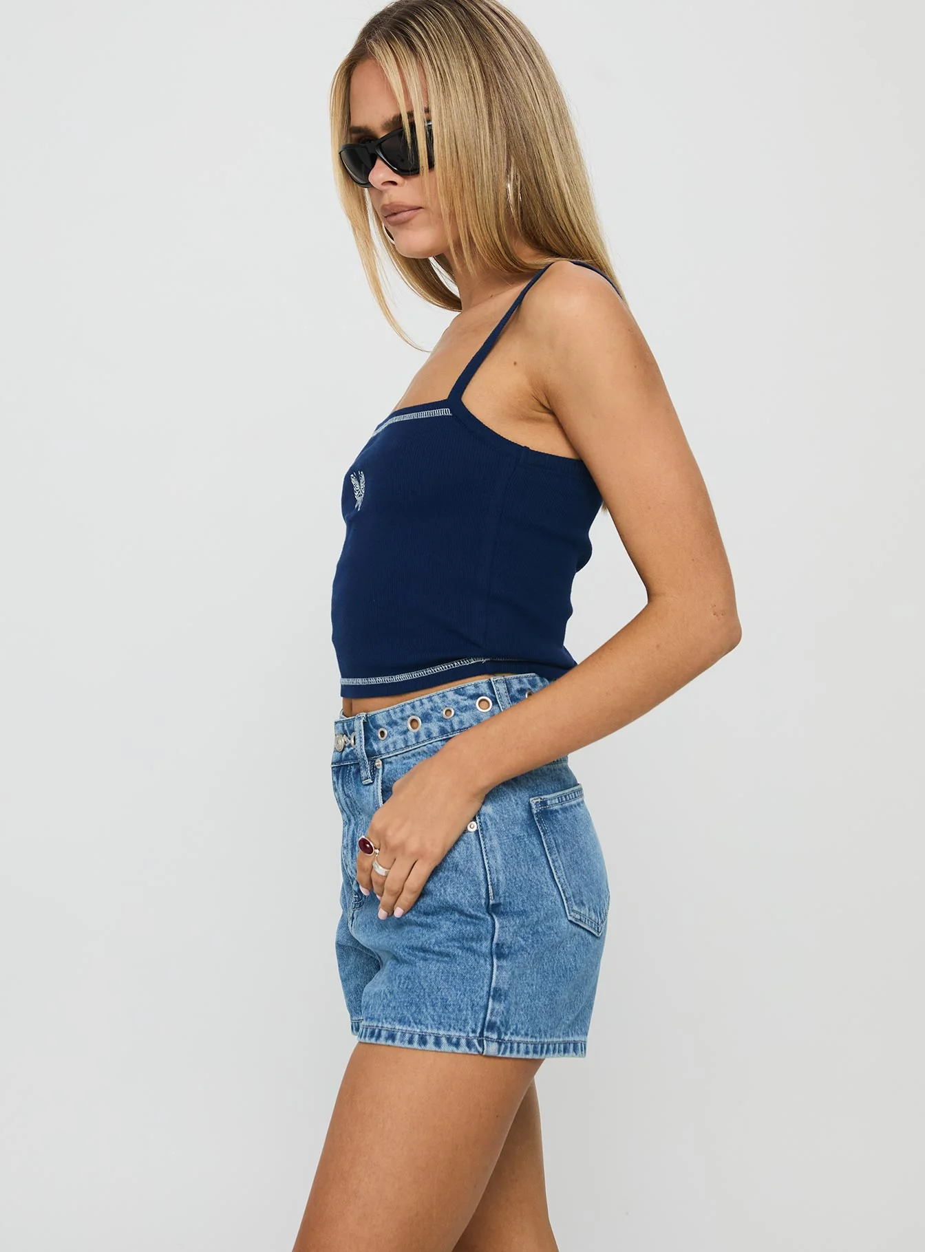 Tropicana Denim Eyelet Detail Shorts Mid Blue - Image 4
