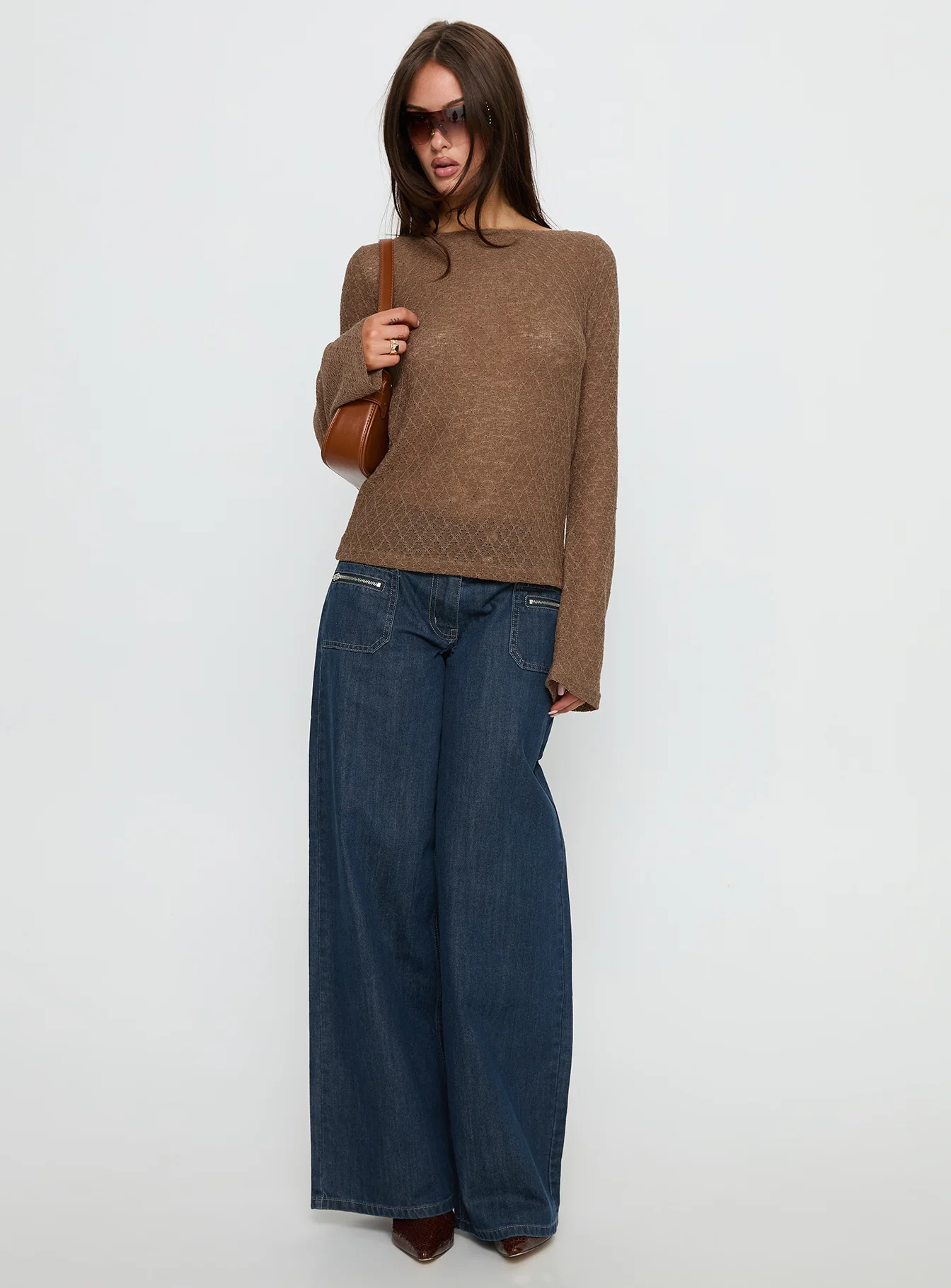 Tuppence Textured Long Sleeve Top Brown - Image 3
