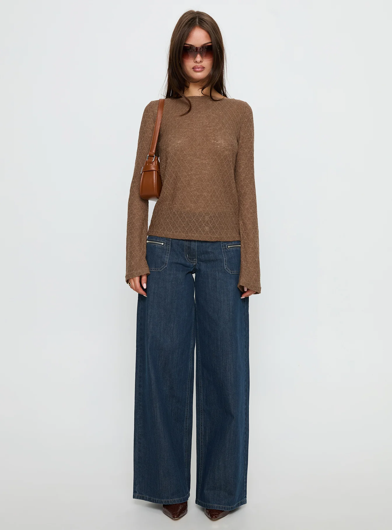 Tuppence Textured Long Sleeve Top Brown - Image 7