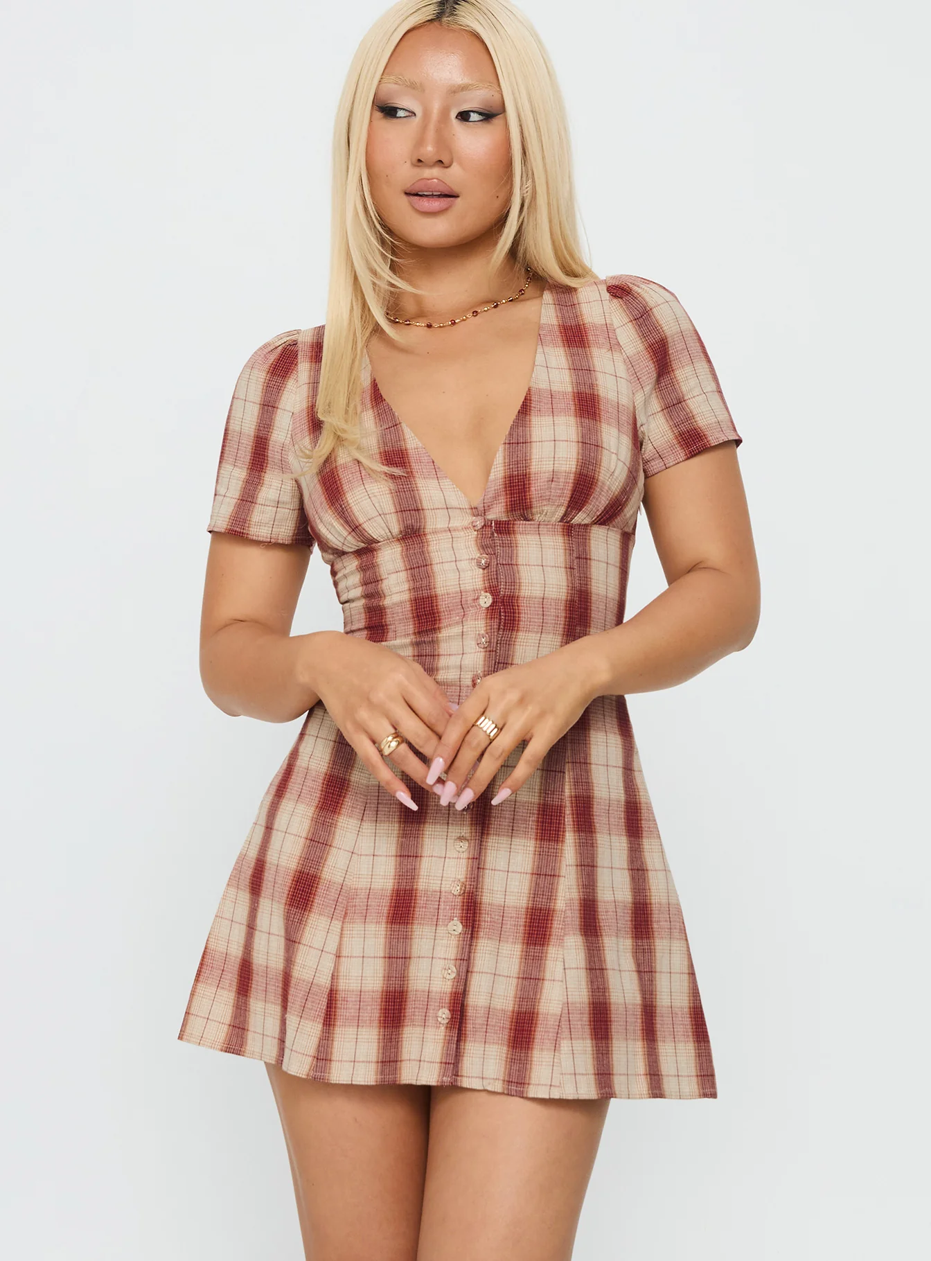 Twist Of Fate V Neck Mini Dress Plaid - Image 2