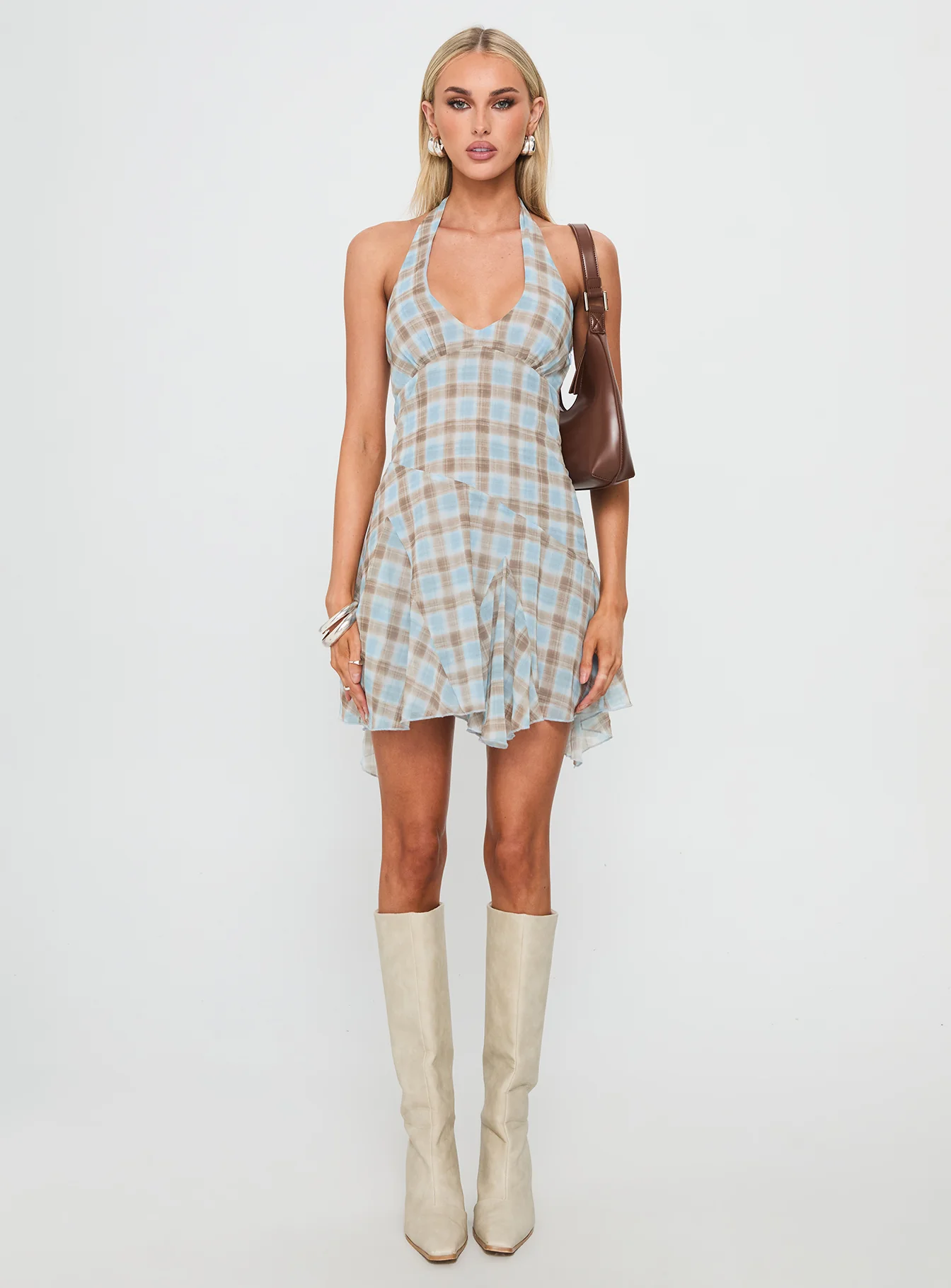 Valorie Halter Mini Dress Blue Check - Image 7