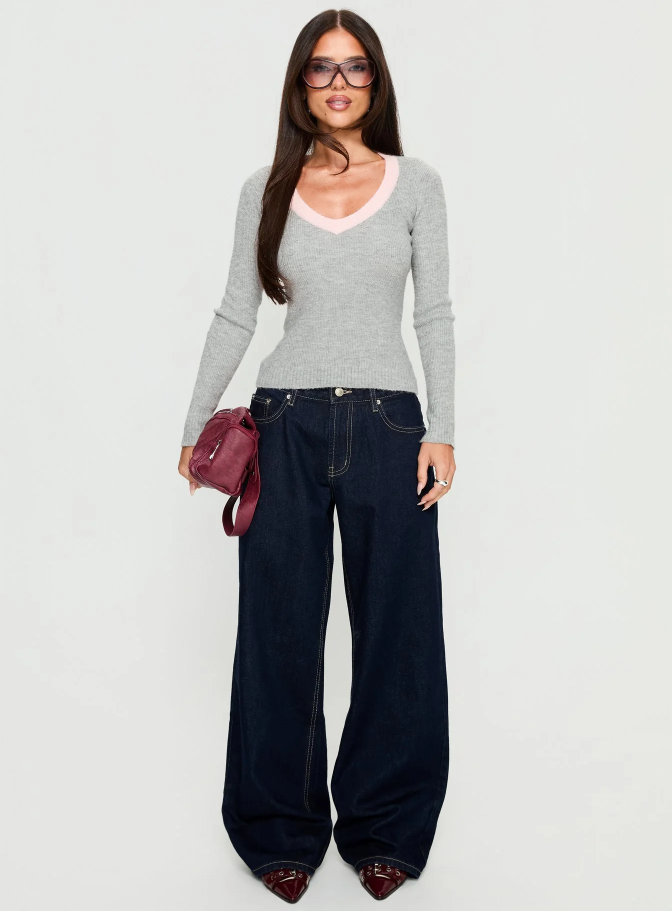 Vanita V Neck Long Sleeve Top Grey / Pink - Image 6