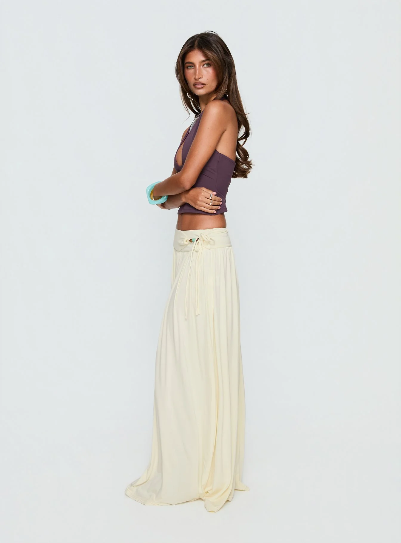 Velvet Storm Tie Detail Flowy Maxi Skirt Cream - Image 4