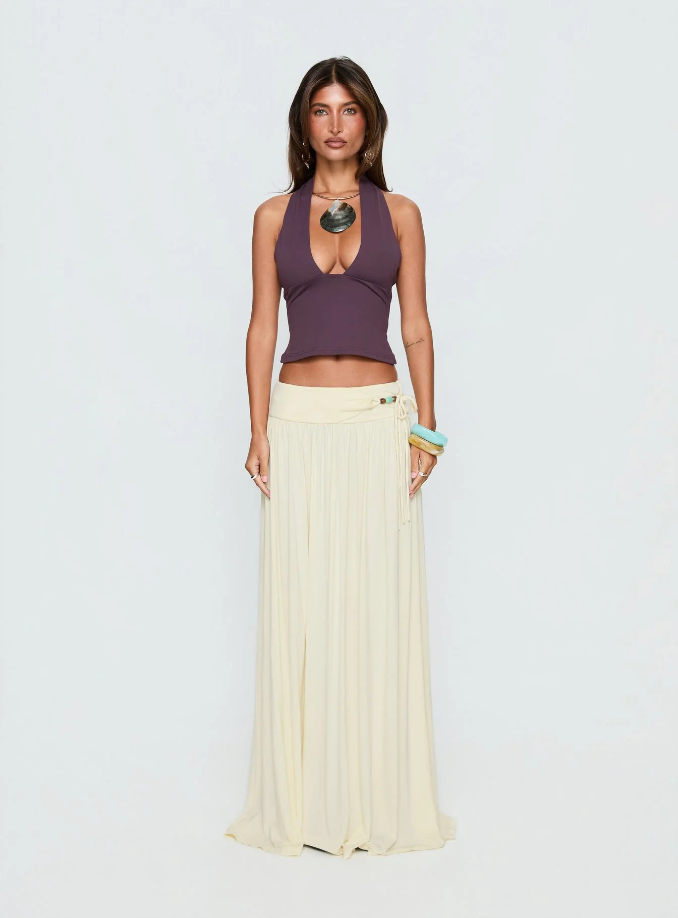 Velvet Storm Tie Detail Flowy Maxi Skirt Cream - Image 7