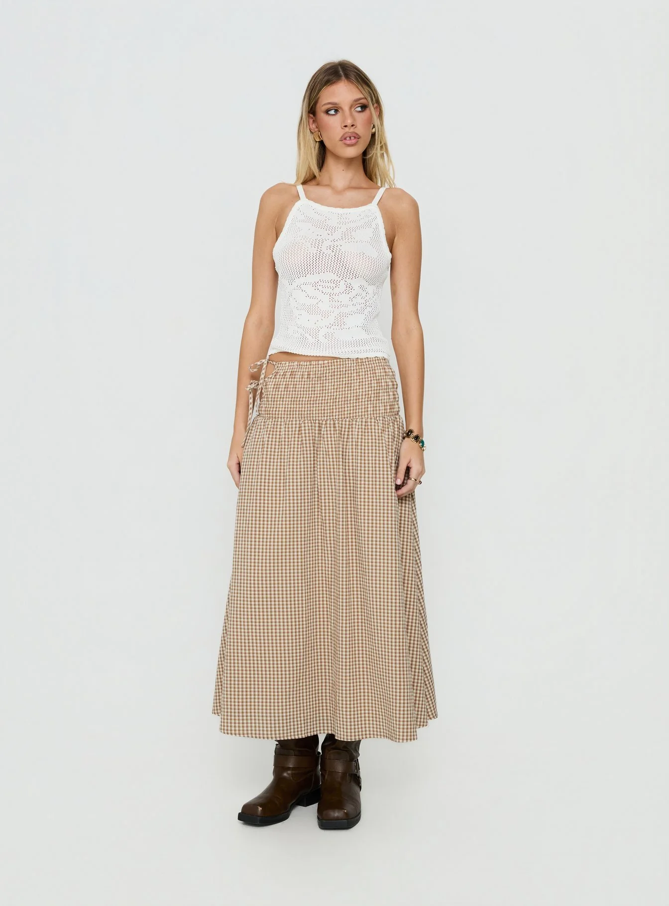 Vence Ruched Maxi Skirt Brown Gingham - Image 3
