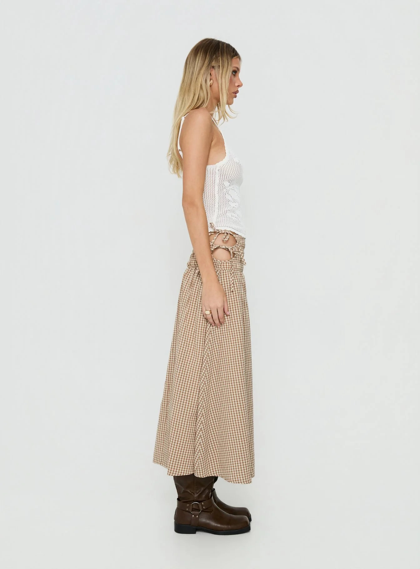 Vence Ruched Maxi Skirt Brown Gingham - Image 4