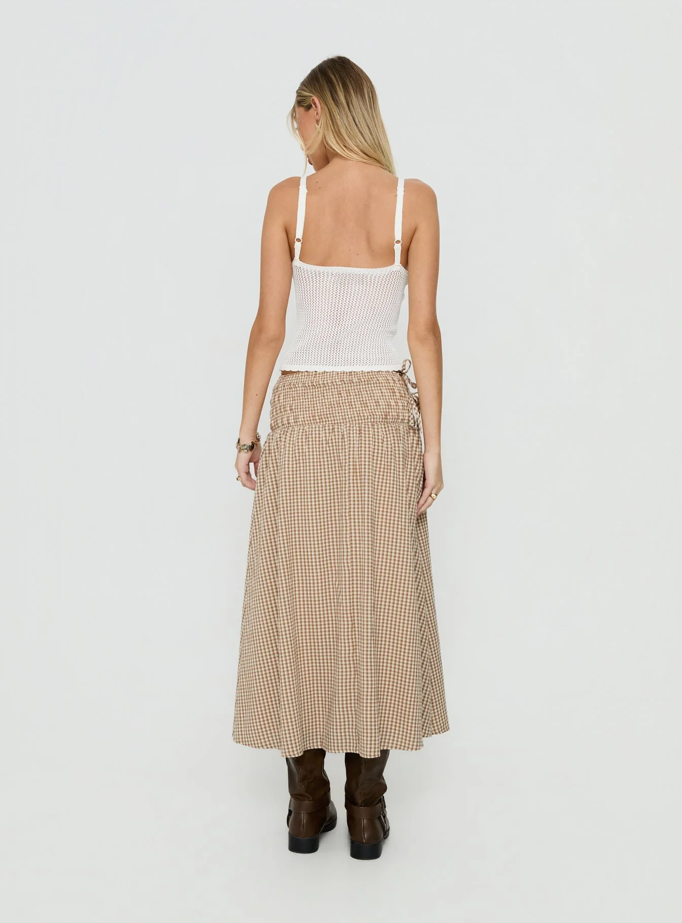 Vence Ruched Maxi Skirt Brown Gingham - Image 5