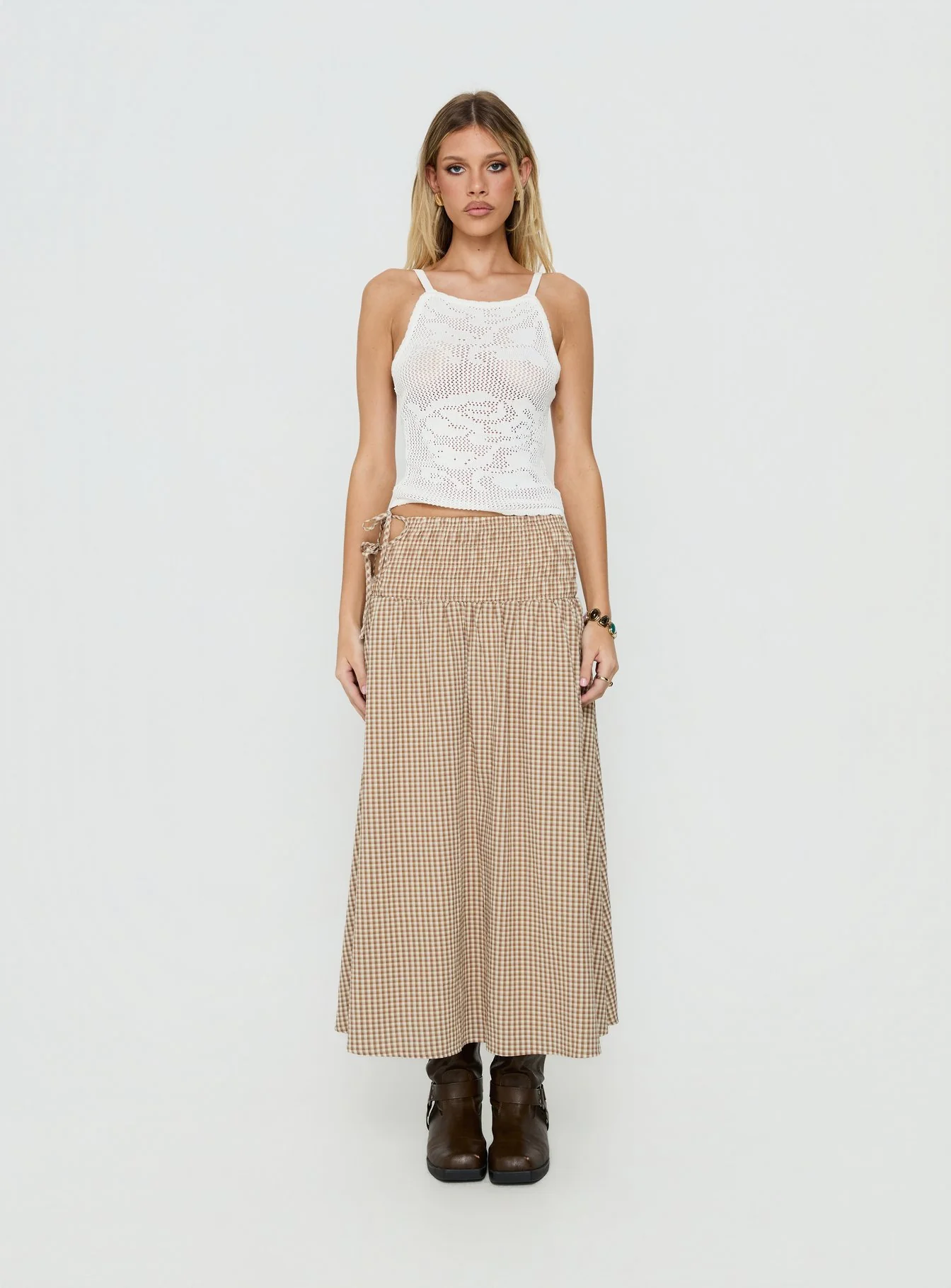 Vence Ruched Maxi Skirt Brown Gingham - Image 7