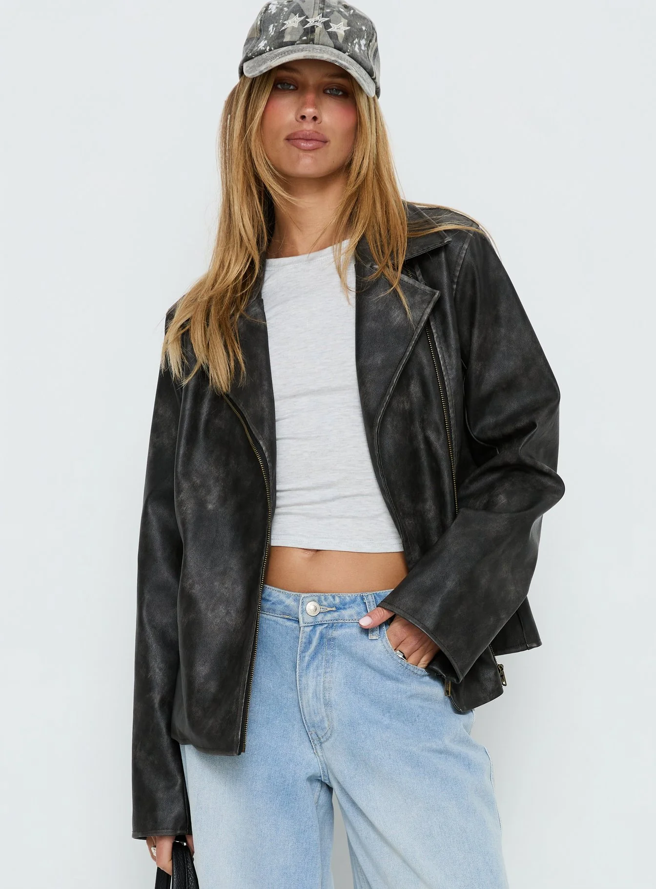 Vyolette Faux Leather Collared Jacket Washed Black - Image 2