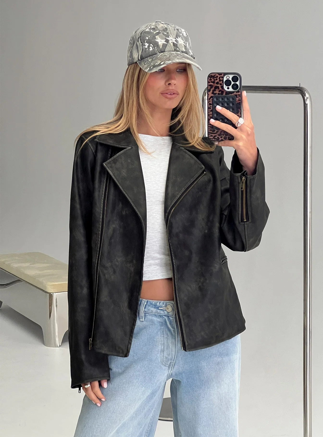 Vyolette Faux Leather Collared Jacket Washed Black - Image 8