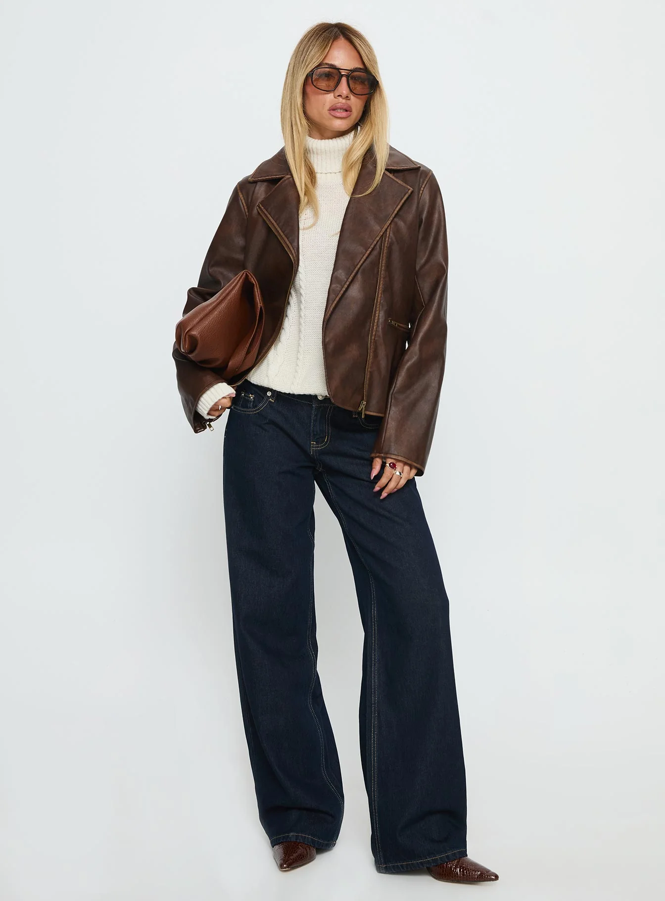 Vyolette Faux Leather Collared Jacket Washed Brown - Image 3
