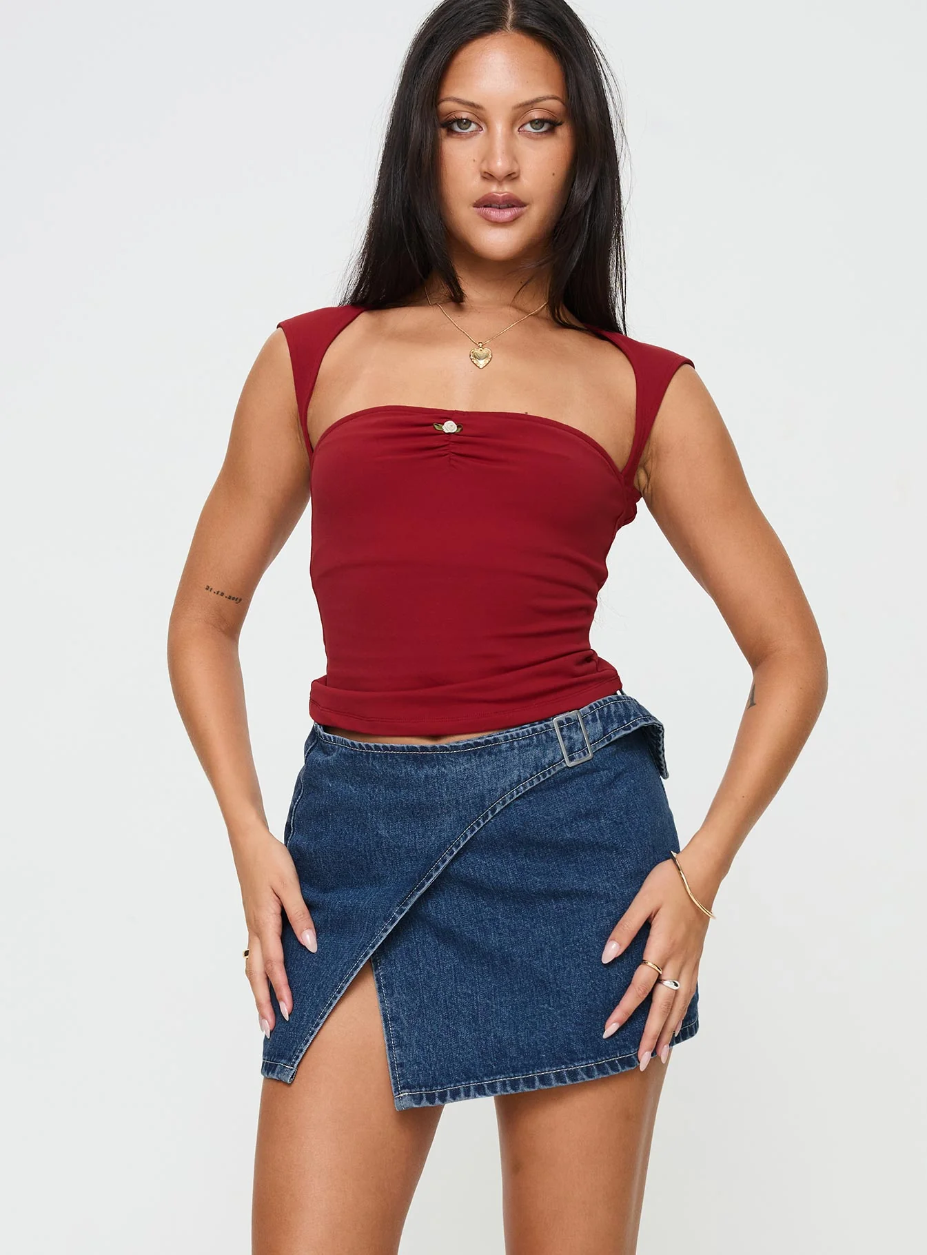 Wait Up Denim Wrap Mini Skirt Mid Wash - Image 2