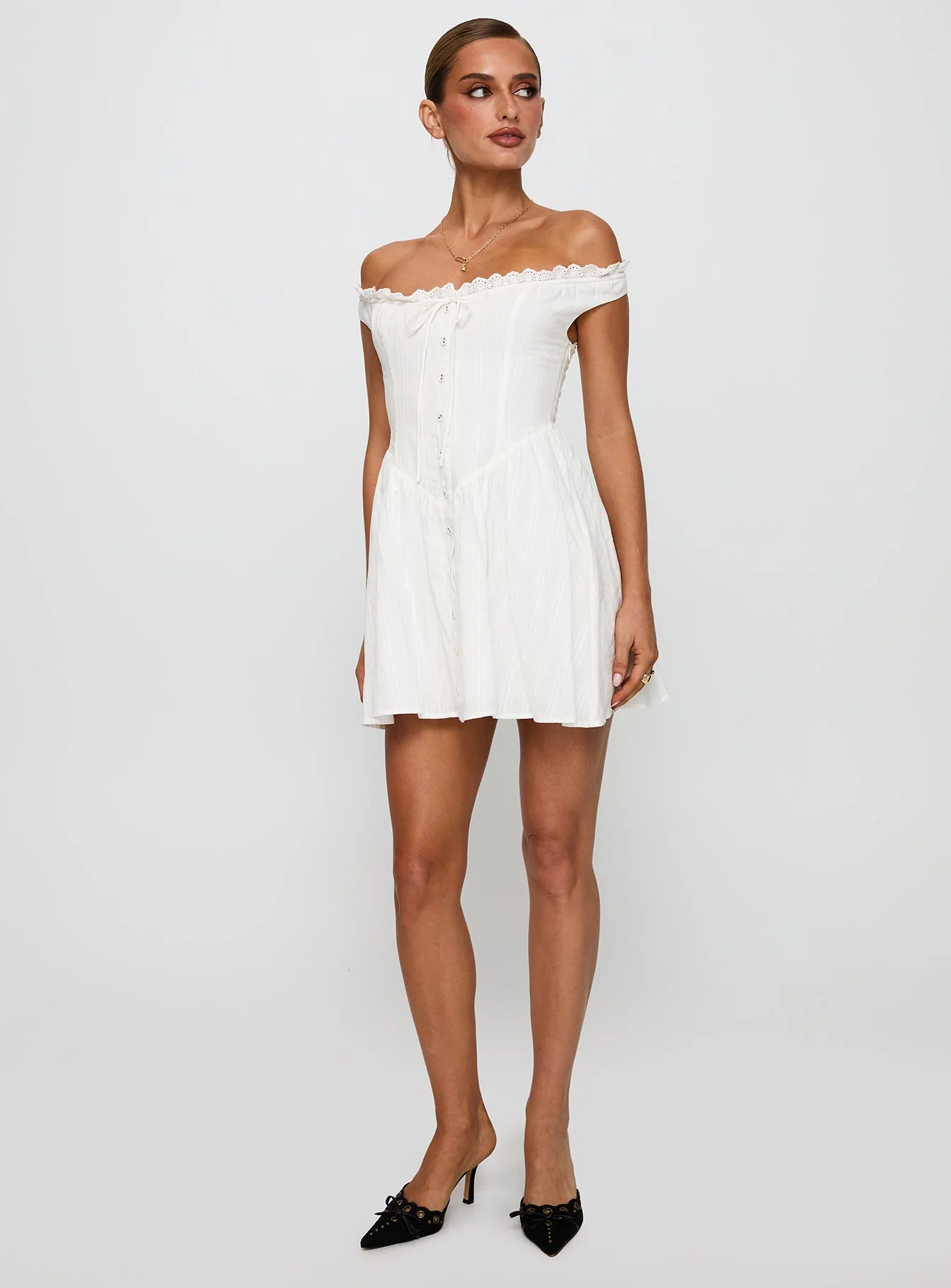 White Horse Off The Shoulder Mini Dress White - Image 3
