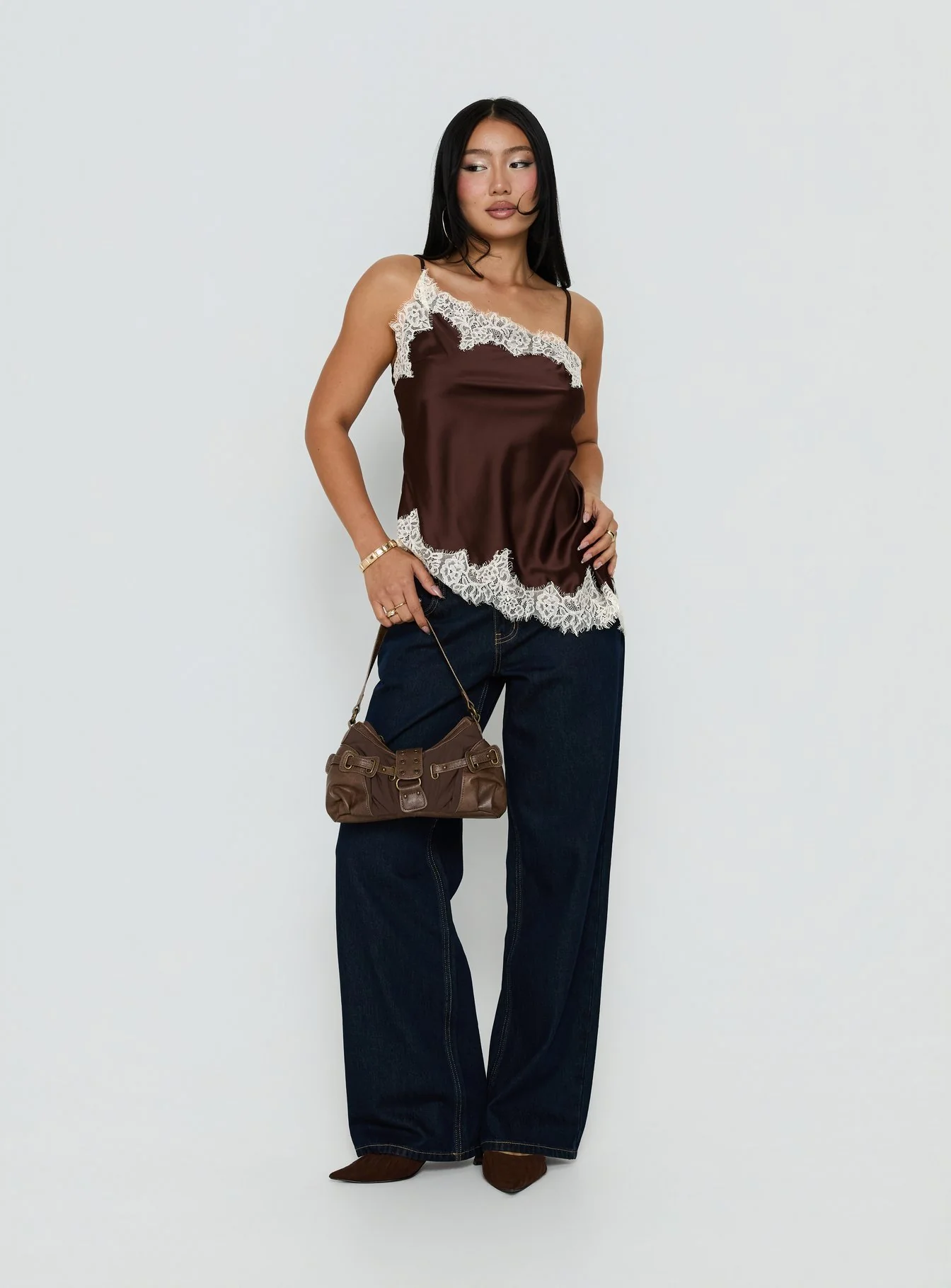 Winta Lace Trim Asymmetrical Satin Top Chocolate - Image 2