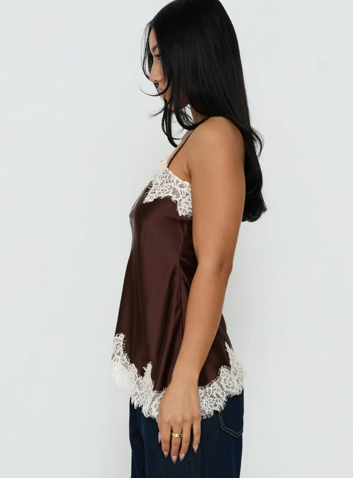 Winta Lace Trim Asymmetrical Satin Top Chocolate - Image 3