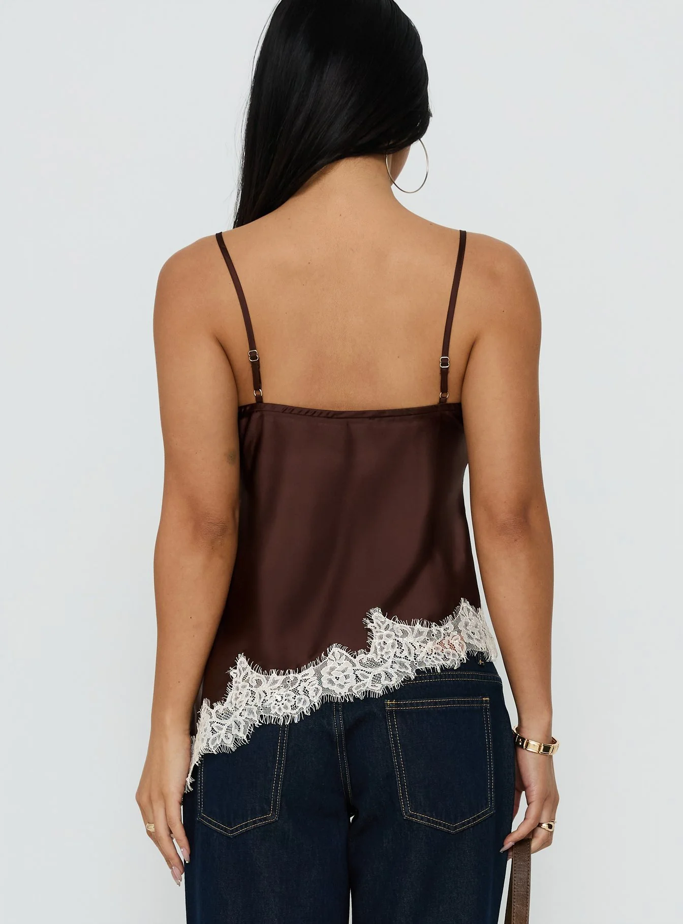 Winta Lace Trim Asymmetrical Satin Top Chocolate - Image 4