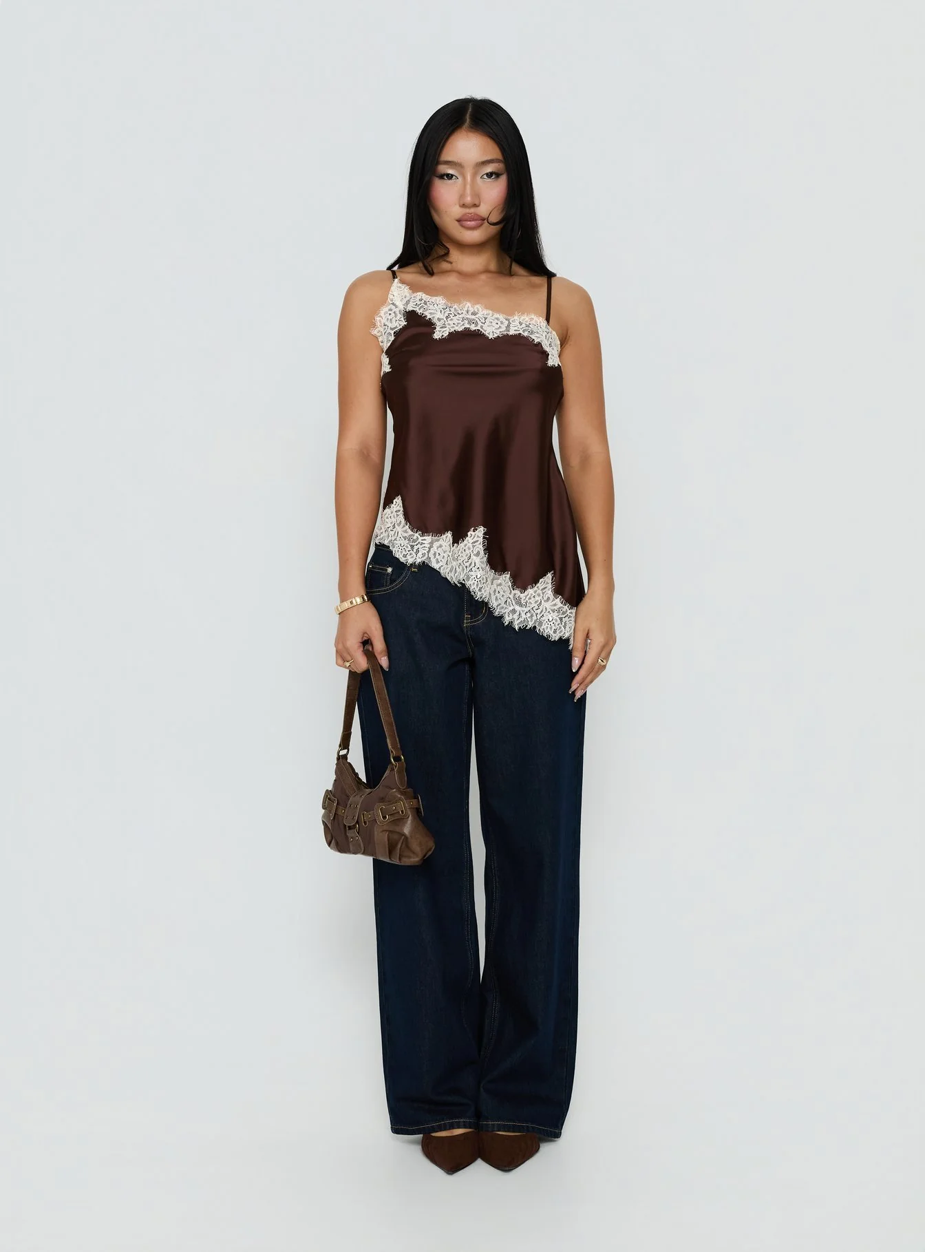 Winta Lace Trim Asymmetrical Satin Top Chocolate - Image 7