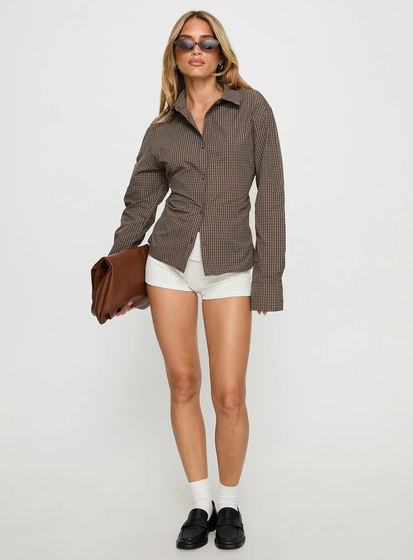 Xinia Tie Waist Long Sleeve Shirt Brown Check - Image 2