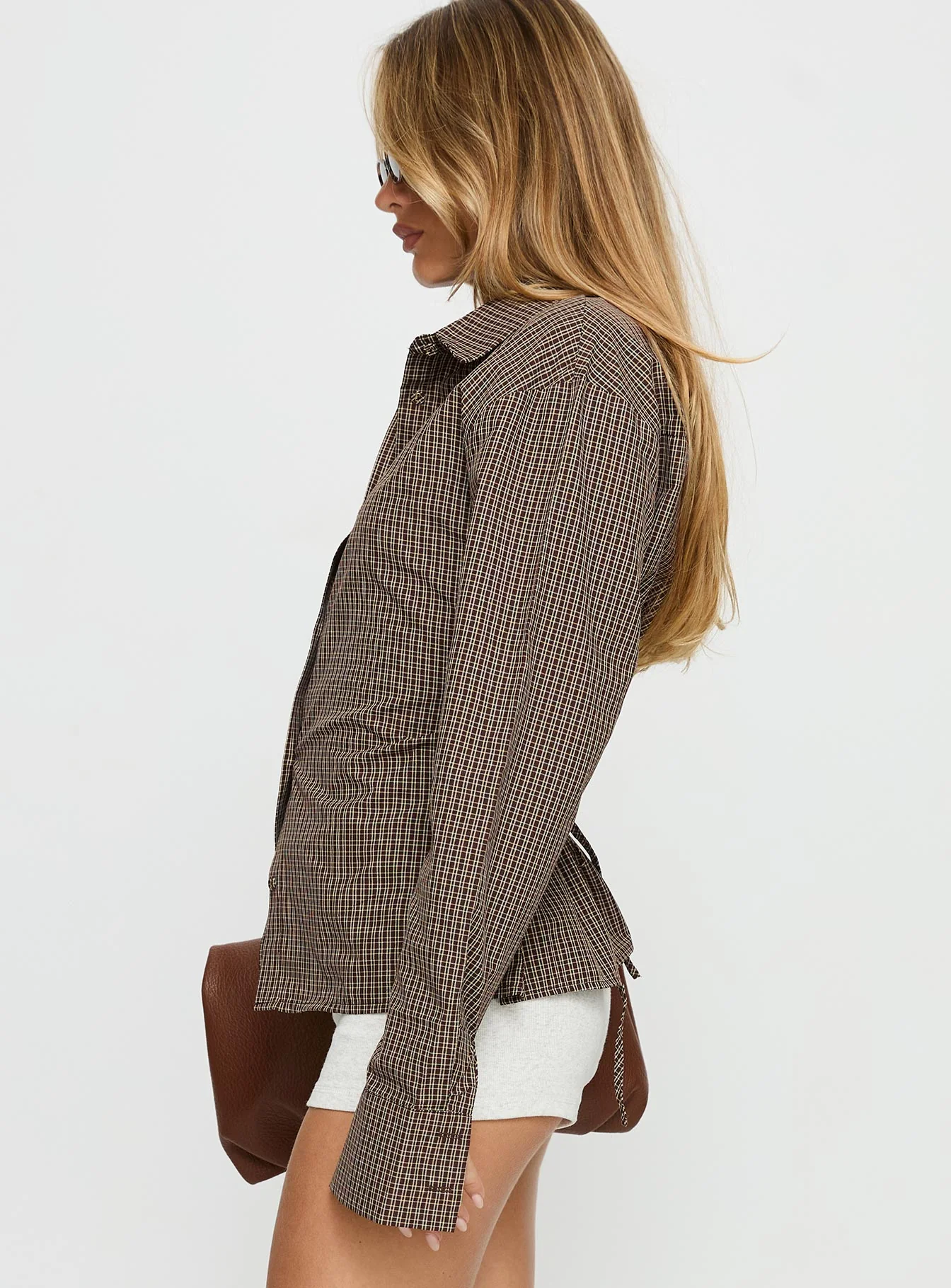 Xinia Tie Waist Long Sleeve Shirt Brown Check - Image 3