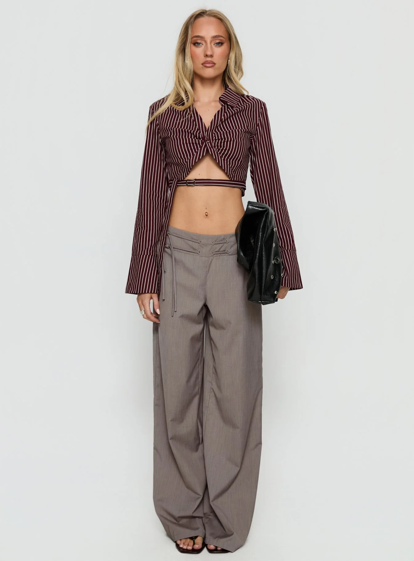 Anslee Wrap Detail Cropped Long Sleeve Top Burgundy Stripe - Image 6