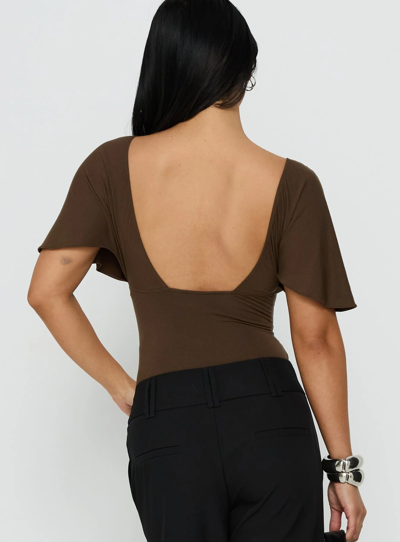 Yevenna Batwing Plunge Bodysuit Chocolate - Image 4