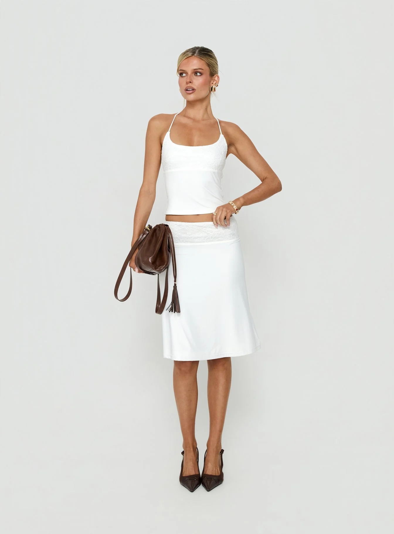 Zenaide Lace Detail Midi Skirt White - Image 3