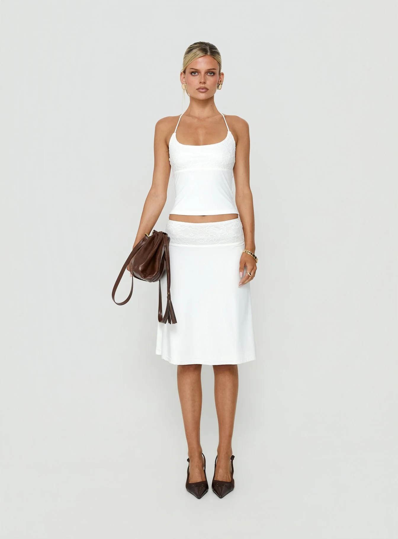 Zenaide Lace Detail Midi Skirt White - Image 7