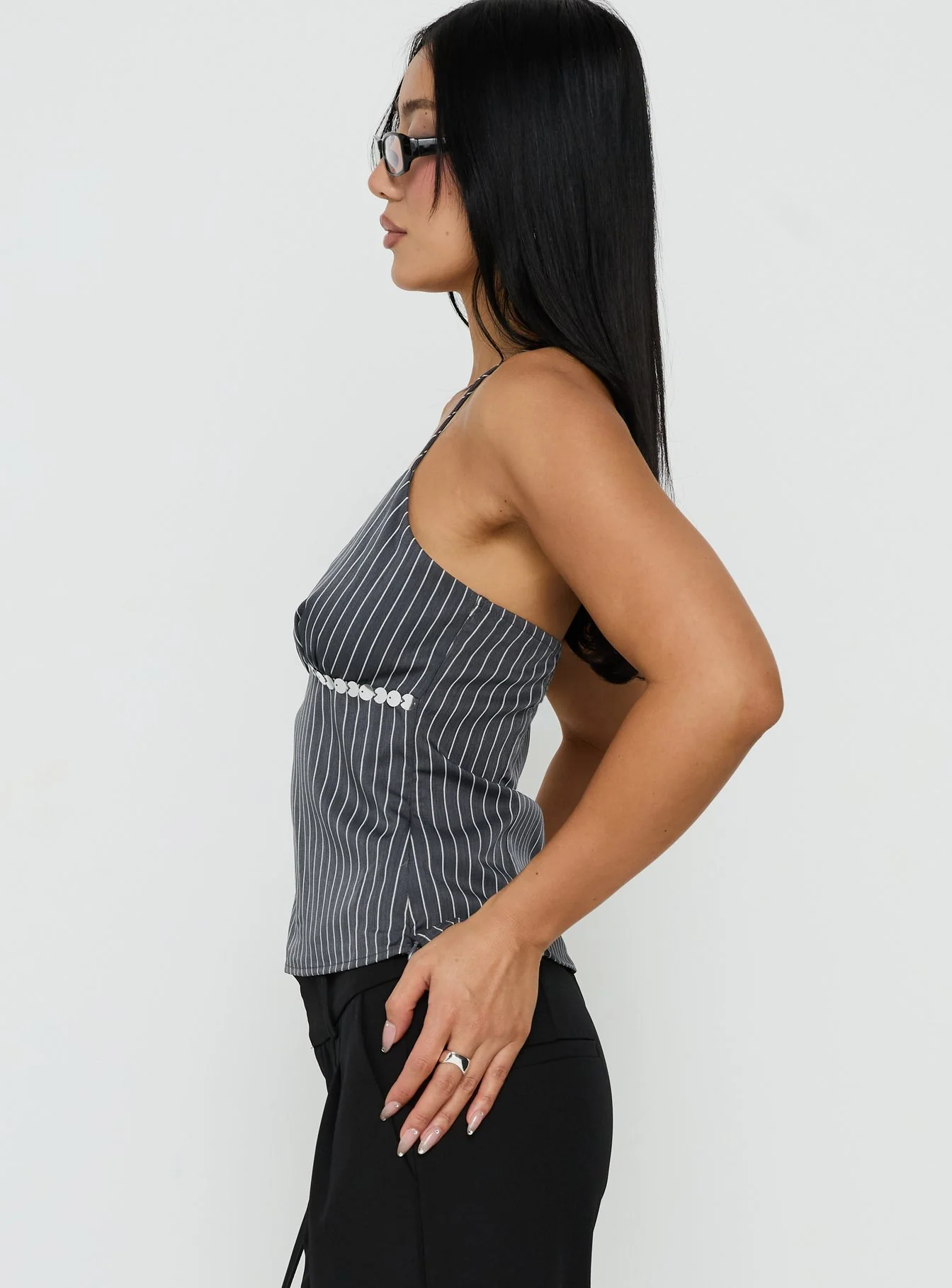 Zenas Sequin Detail Halter Top Grey Pinstripe - Image 3