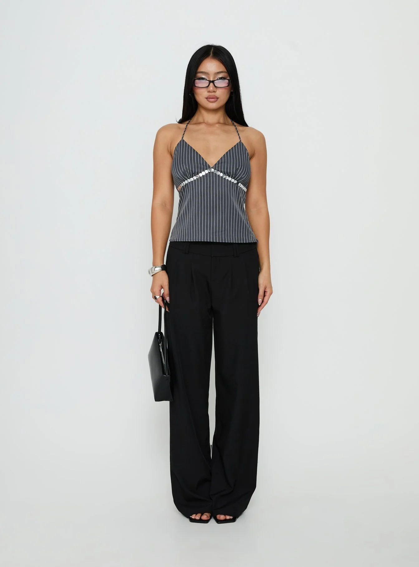 Zenas Sequin Detail Halter Top Grey Pinstripe - Image 6