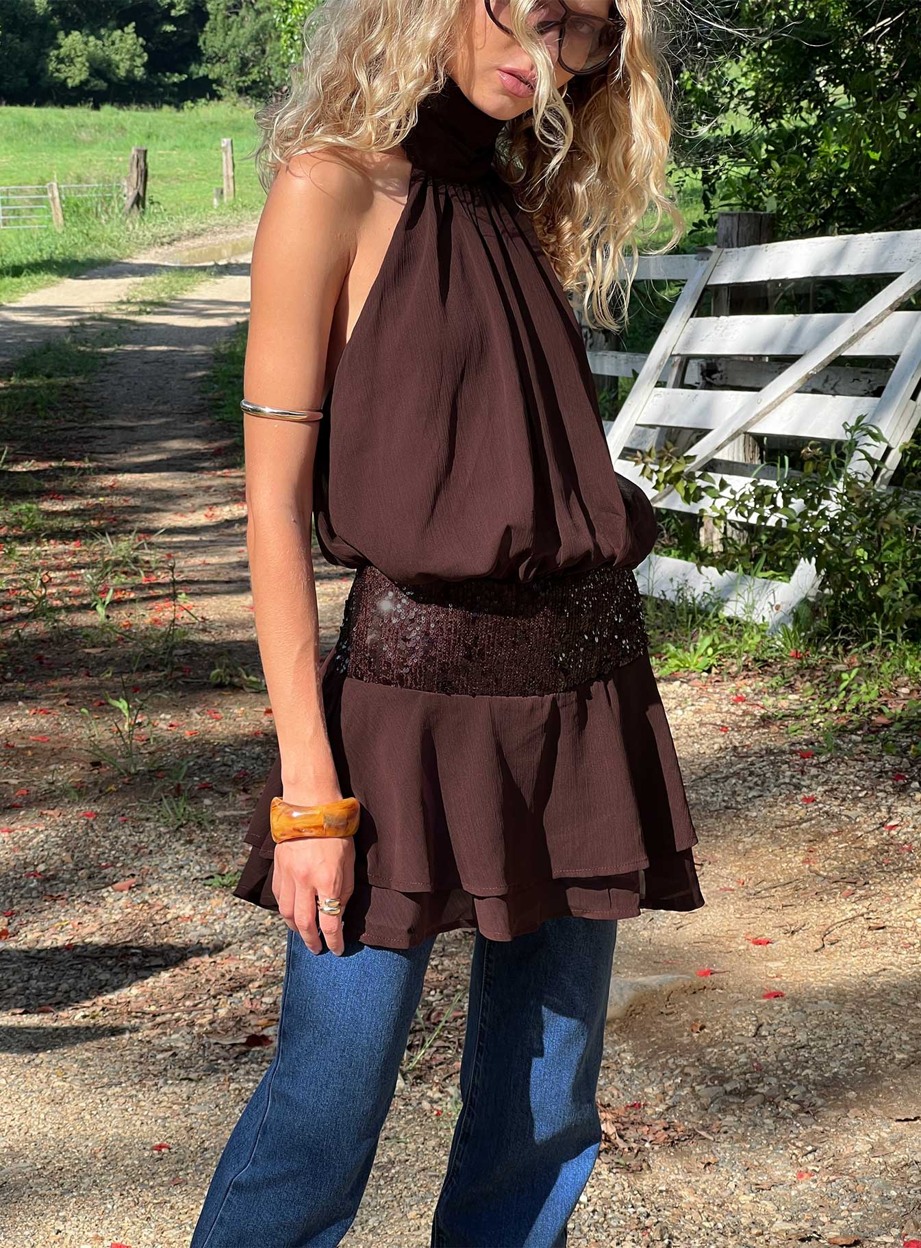 Zenayda Drop Waist Sequin Mini Dress Brown - Image 8
