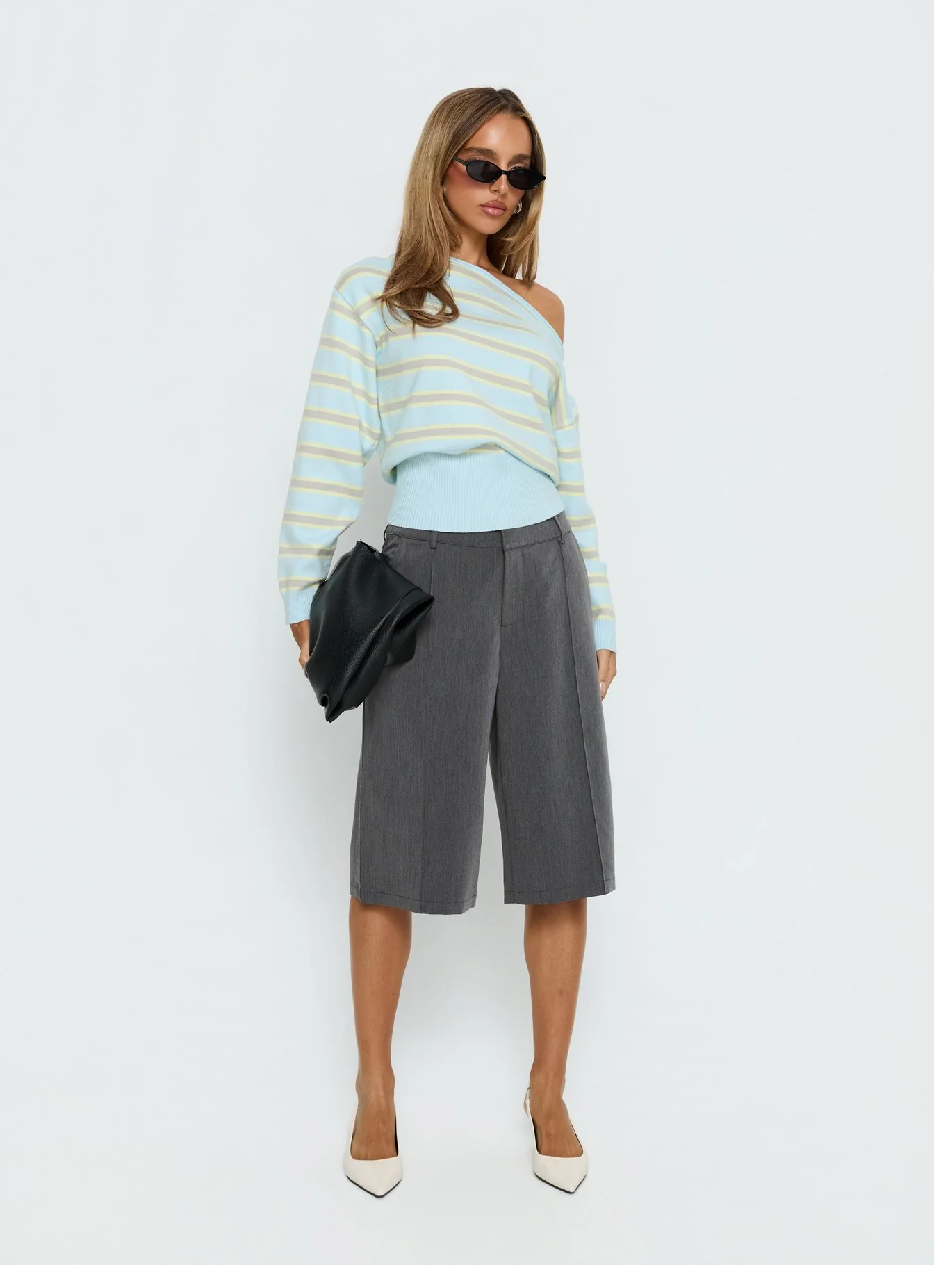 Zinia Off Shoulder Knit Sweater Grey / Blue Stripe - Image 3
