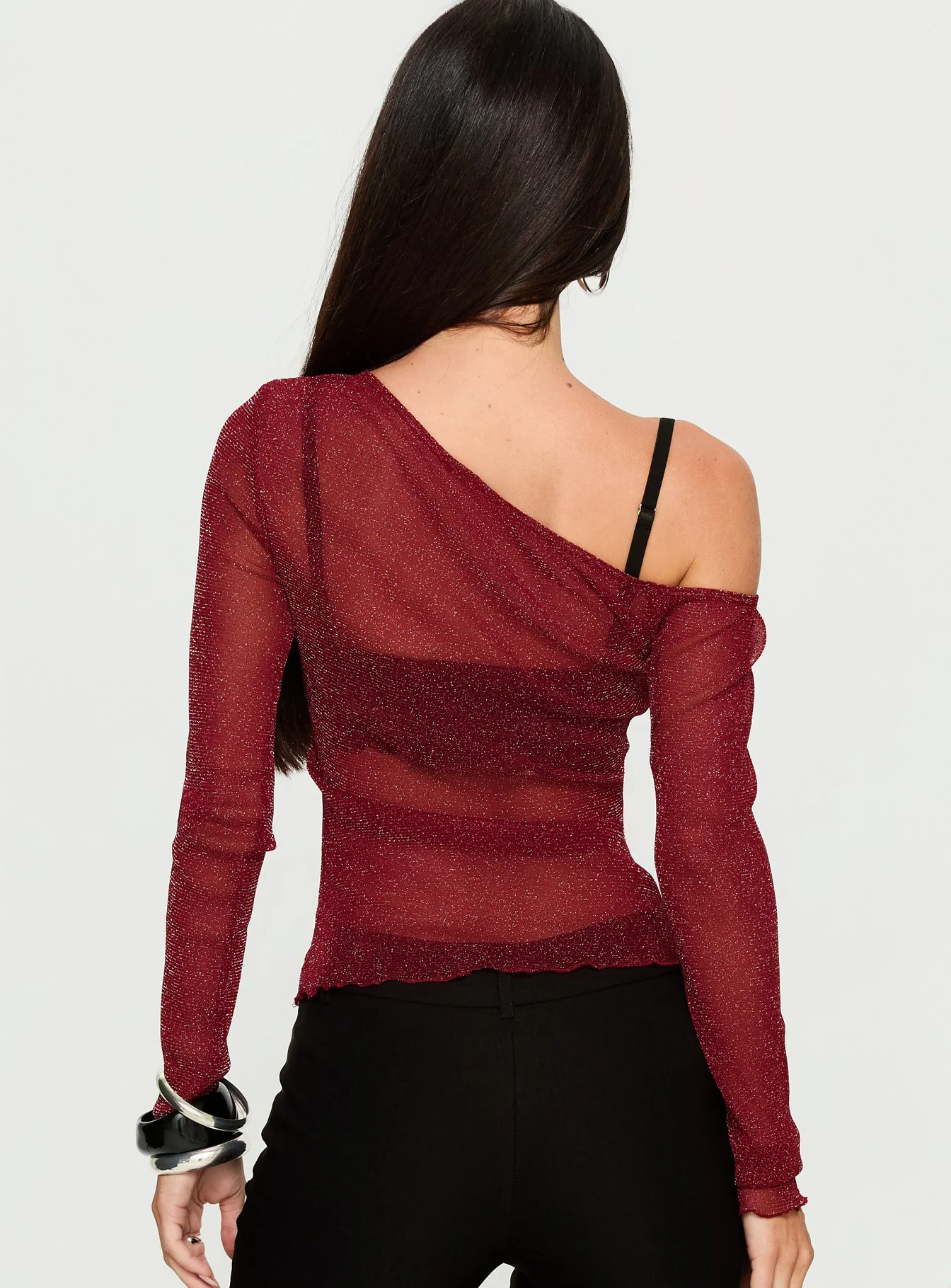 Zondra Sheer One Shoulder Top Burgundy Shimmer - Image 5